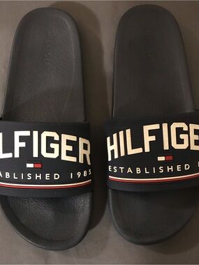 Tommy Hilfiger Black Logo Strap Slide Sandals with Red & White Accent